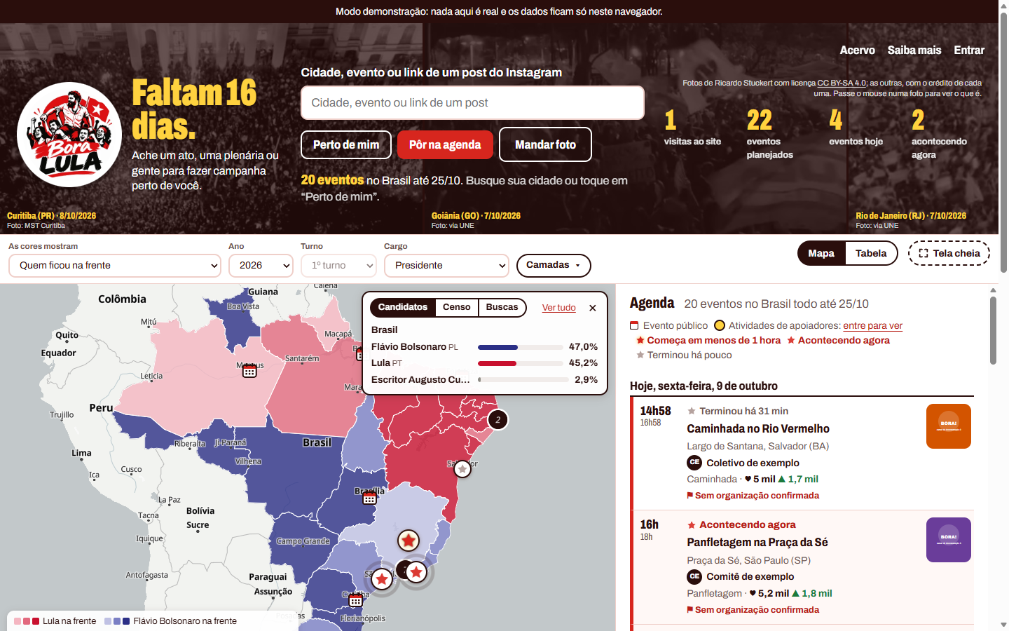 Página inicial: mapa do Brasil com os atos, a agenda ao lado e os números do topo
