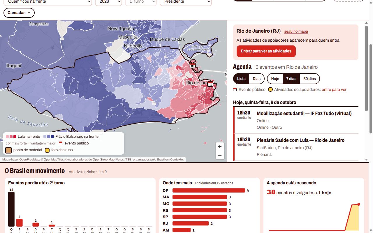 Mapa do Rio de Janeiro por bairro no 1º turno de 2026: em vermelho onde Lula ficou na frente, em azul onde Flávio Bolsonaro ficou, com a agenda da cidade ao lado