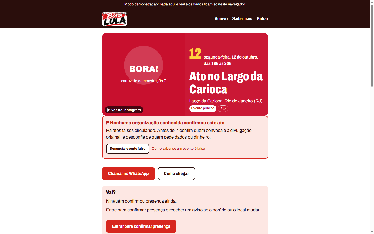 Página de um ato, com o cartaz do post, o aviso de organização não confirmada e os botões Chamar no WhatsApp e Como chegar