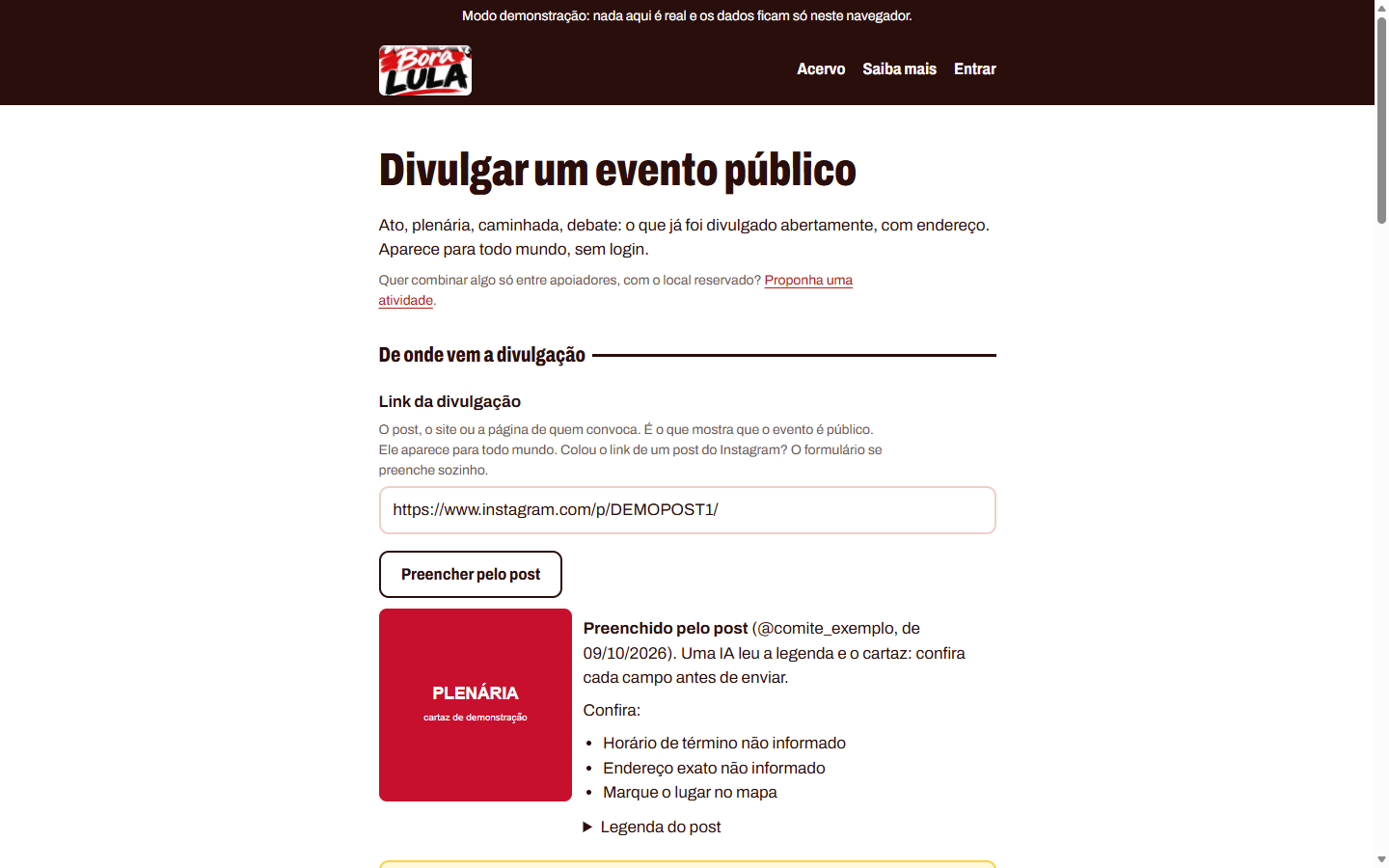 Tela Divulgar um evento público, preenchida pela IA a partir do link de um post do Instagram, com o cartaz e o que falta conferir